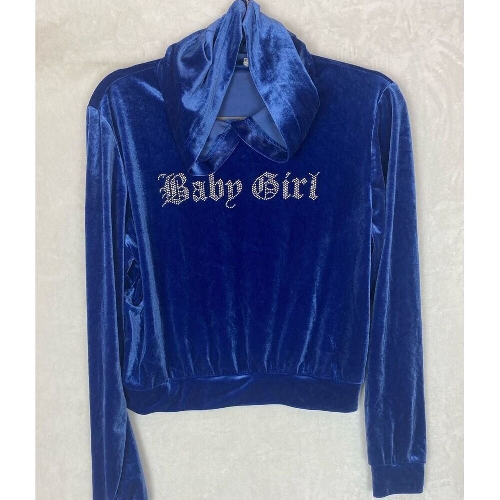 Say Anything Blue Velour Rhinestone Baby Girl Cropped Hoodie Size Large